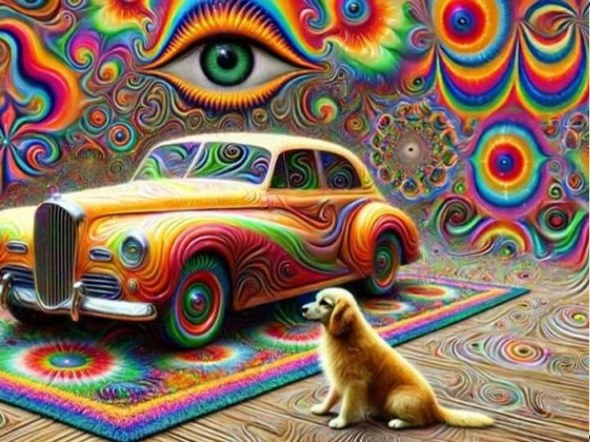 A psychedelic vintage car and a golden retriever on a patterned rug